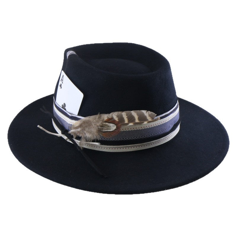 Wool Felt With Feathers Fallwinter Flat-brim Jazz Hat
