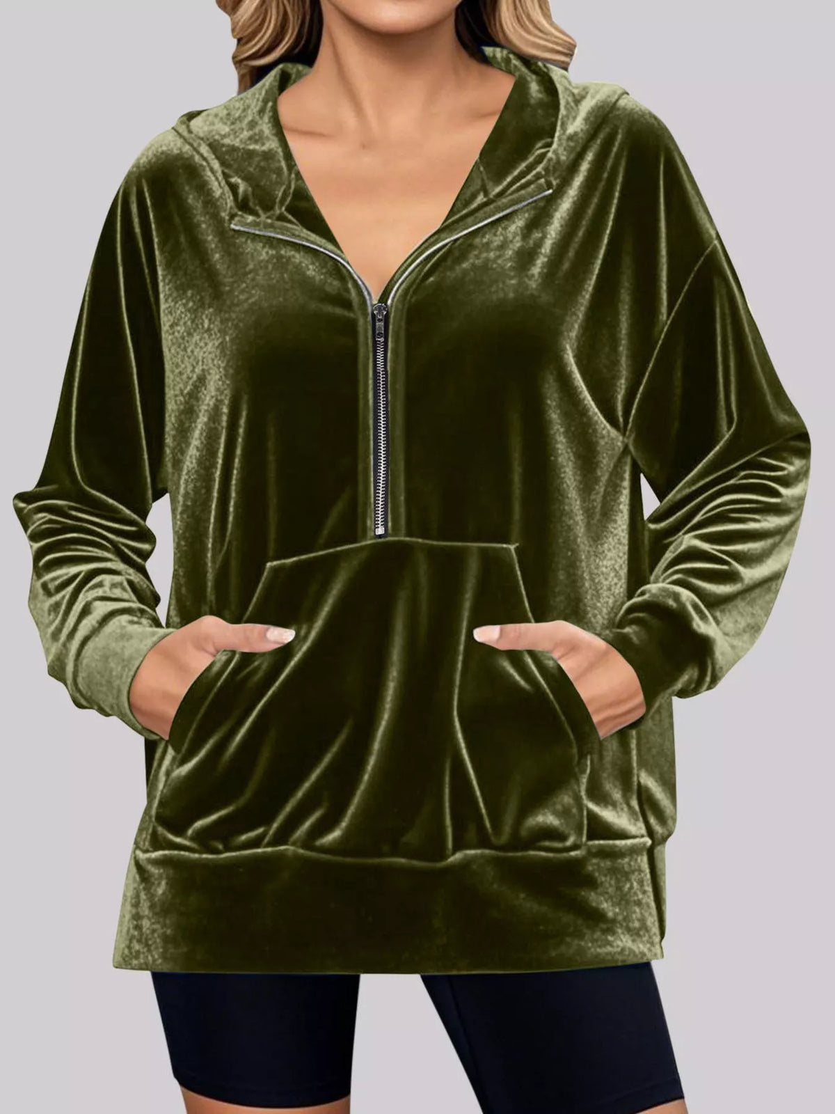 Full Size Half Zip Kangaroo Pocket Hoodie Plus Size