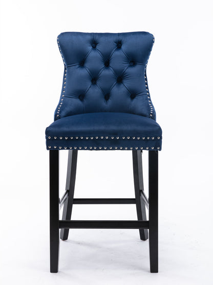 Contemporary Velvet Upholstered Barstools Button Tufted with Wooden Legs Set of 2, Blue