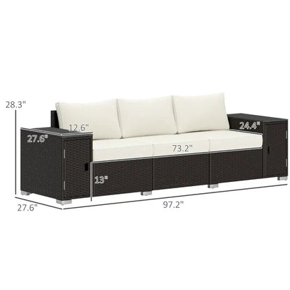 Outdoor Sofa Set Wicker Cream Brown 3 Seat Storage Armrests 794 lb Cap