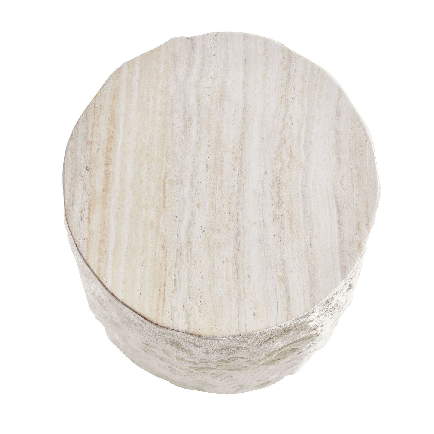15.75 in Round Fiberglass Side Table, Imitation Stone Design, No Assembly, Beige