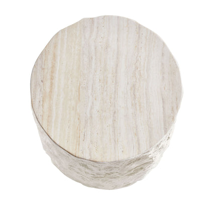 15.75 in Round Fiberglass Side Table, Imitation Stone Design, No Assembly, Beige