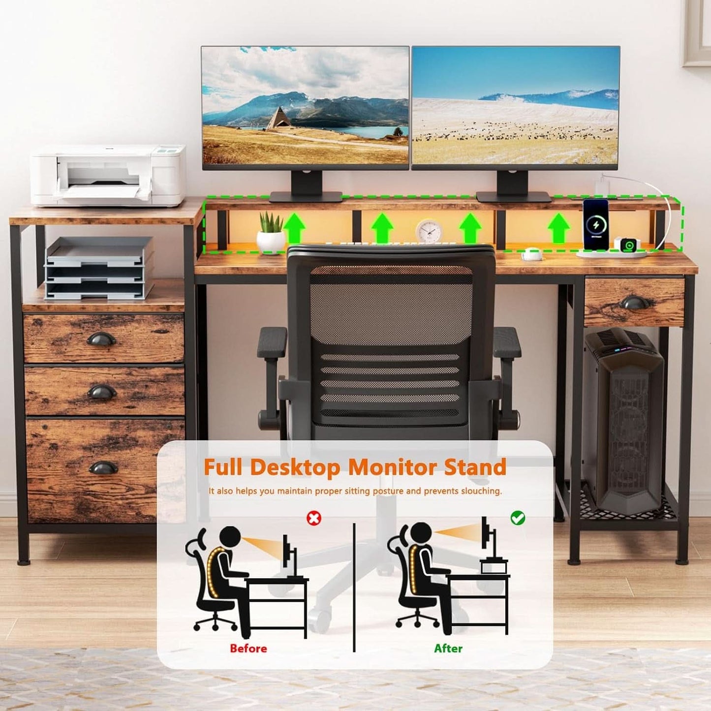 60 Inch Computer Desk With Storage Drawers And LED Lights