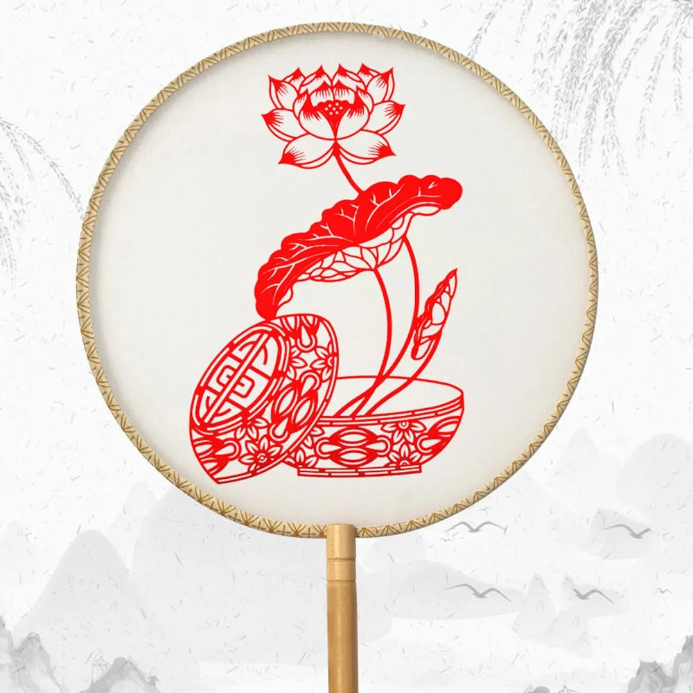 Chinese Paper-Cut Silk Round Hand Fan with Tassel