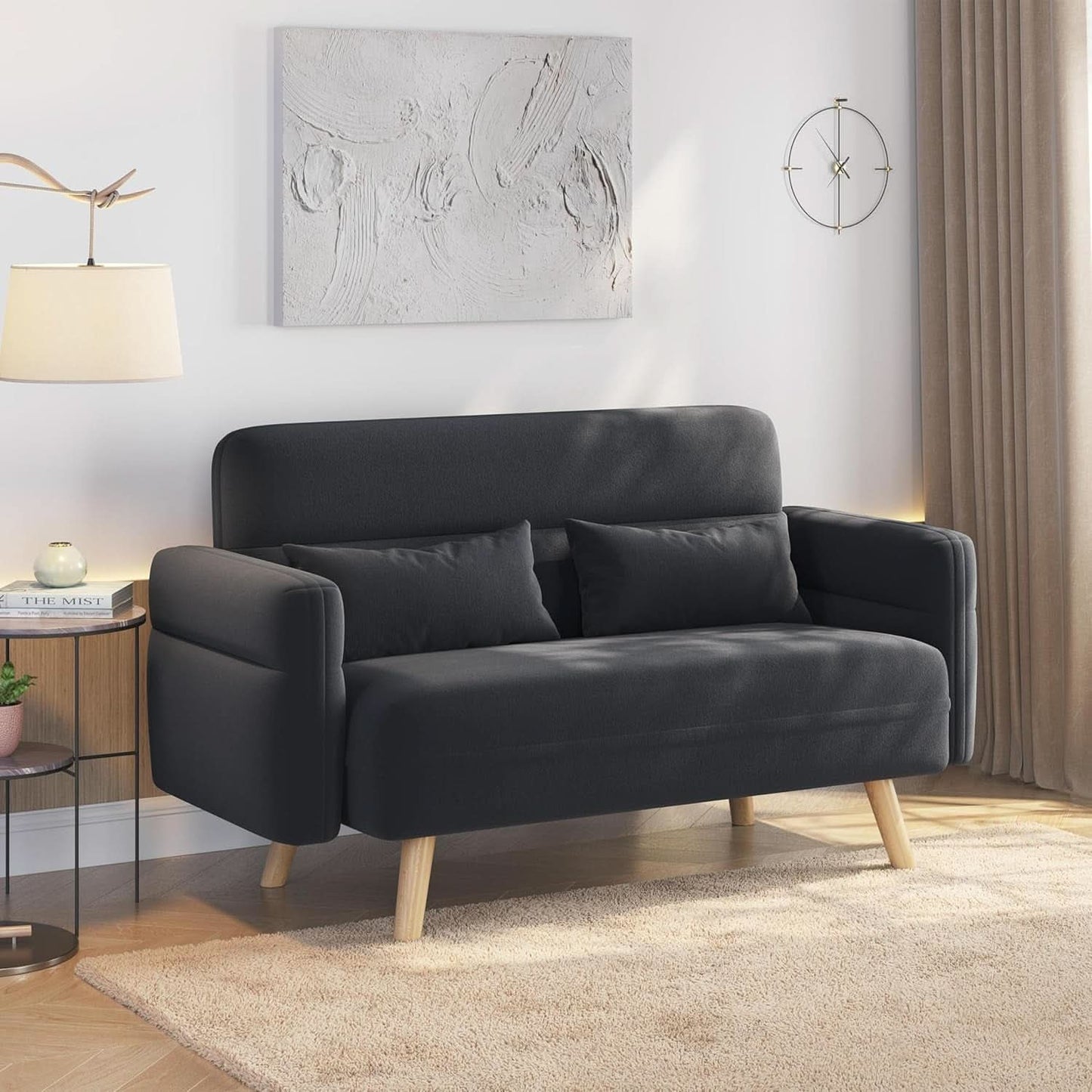 46-Inch Small Modern Fabric Loveseat Dark Gray Solid Wood Legs