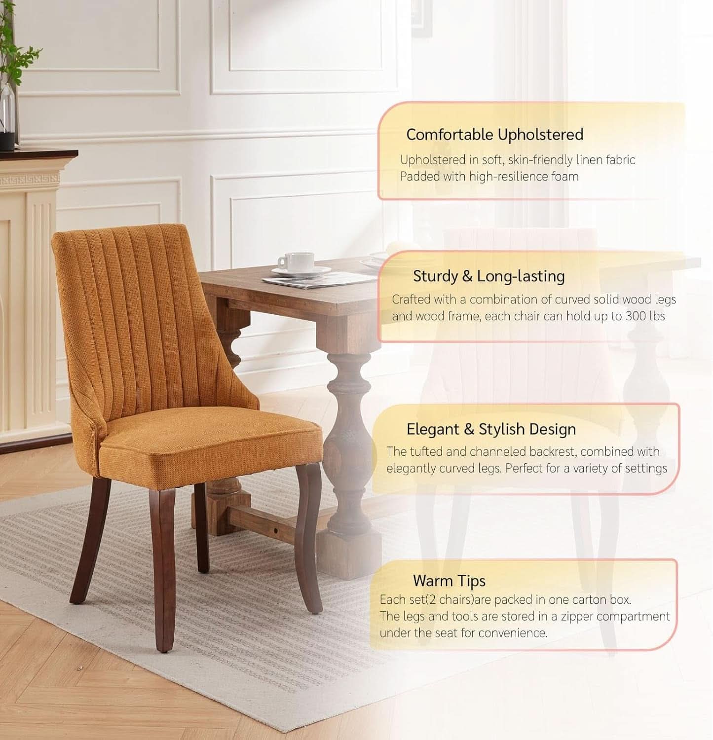 Yellow Linen Dining Chairs Set Of 4 Channel Tufted