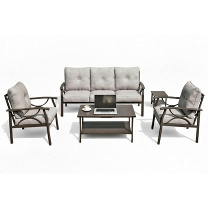 Outdoor Patio Set Steel 5 Piece Khaki Gray Cushions