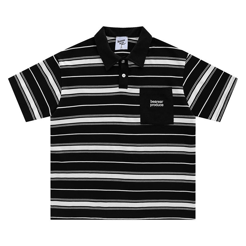 Loose-fitting Polo Shirt With A Lapel Collar Short-sleeved Striped T-shirt
