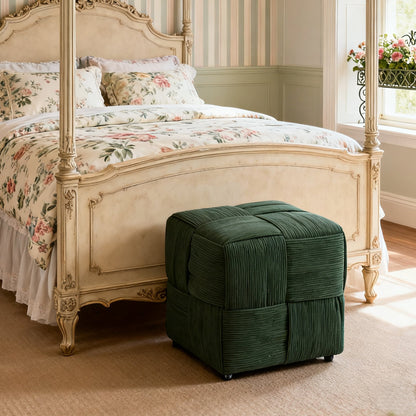 Green Square Ottoman Foot Rest with Corduroy Woven Design Soft Cushioning for