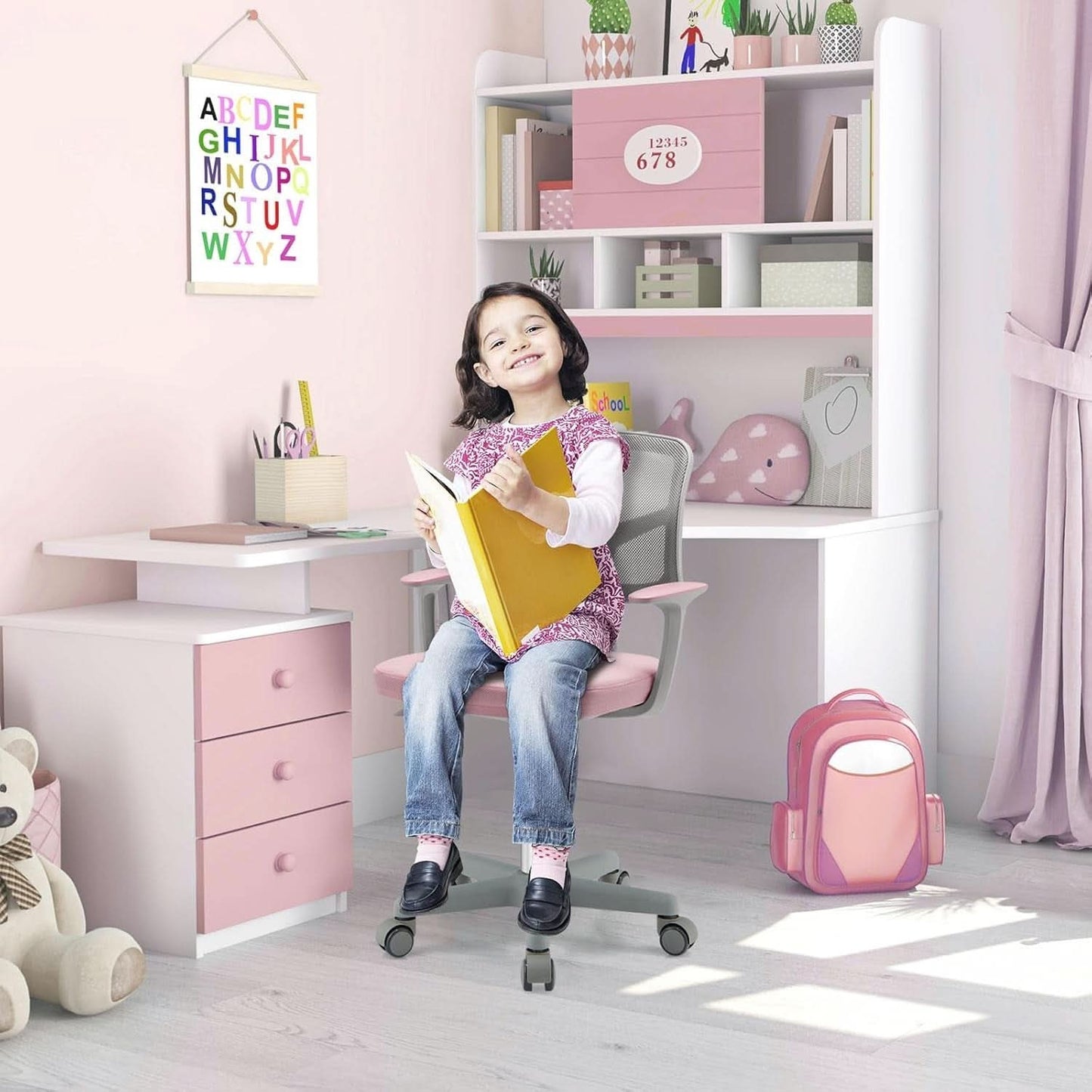 Kids Desk Chair Pink Height Adjustable Lumbar Support