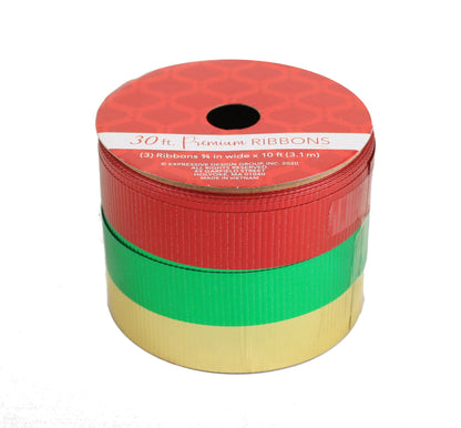 10 Foot Premium Ribbon 3 Piece Set - Red/Green/Gold