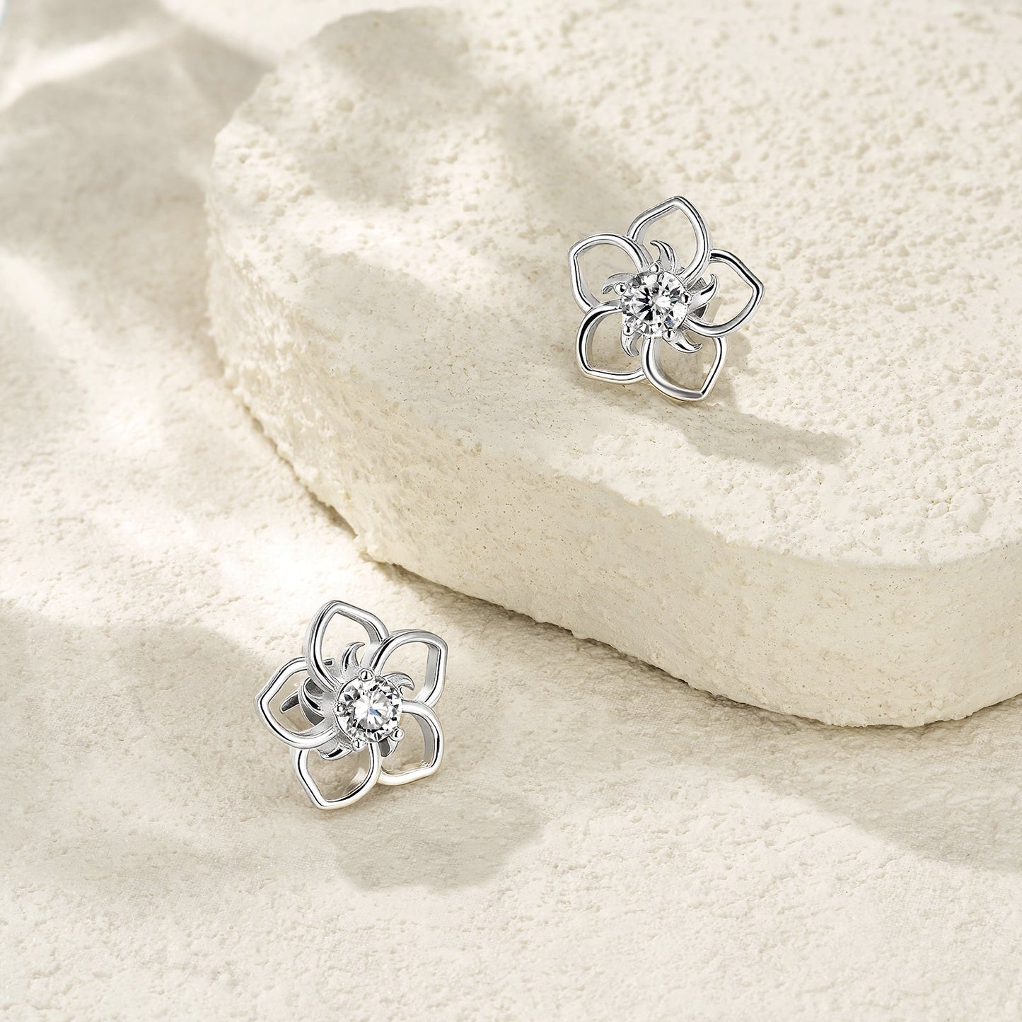 S925 Sterling Silver Abstract Flower Stud Earrings, 0.5ct D-VVS1 Moissanite, Platinum Plated Hollow Petal Design, With GRA Certificate Gift Box