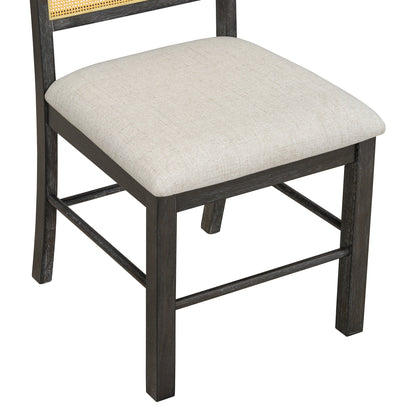 7-Piece Farmhouse Dining Table Set for 6, 59.8 in Rectangular Table with Rattan Chairs