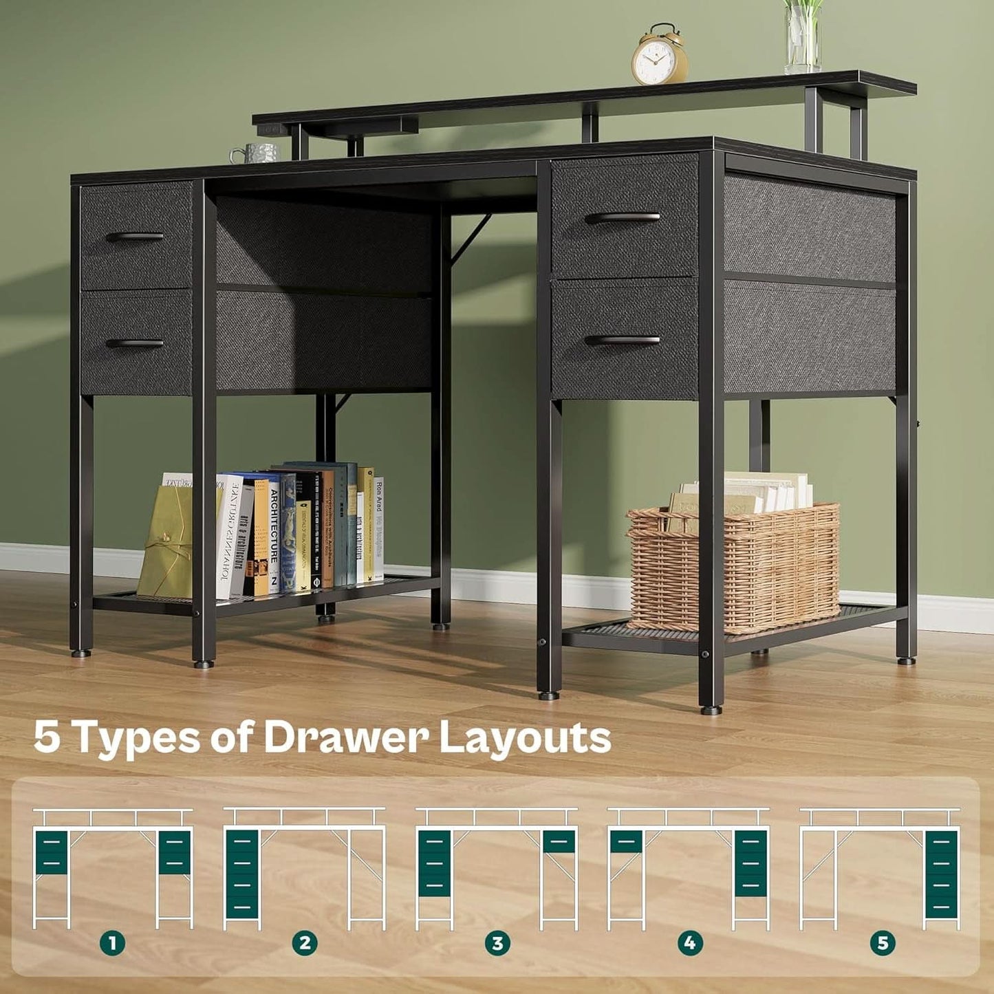 47 Inch Computer Desk With 4 Drawers And LED Lights Black