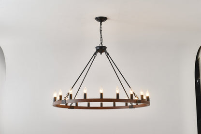 Chandelier Wood Wagon Wheel 20-Light Farmhouse Matte Black 39.3 In
