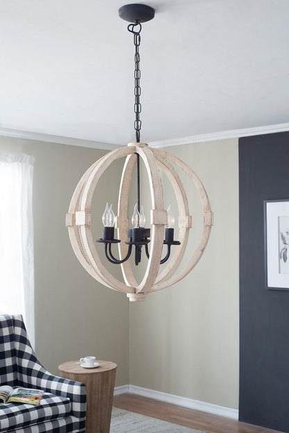 Chandelier Antique Cream 6-Light Pine Wood Iron 22.5 In 26 In