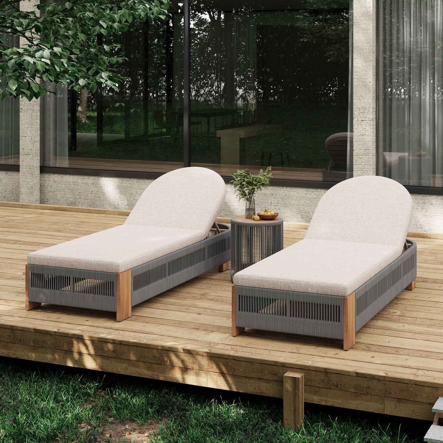 Acacia Wood Chaise Lounge Set 2 Adjustable Rope Teak Beige