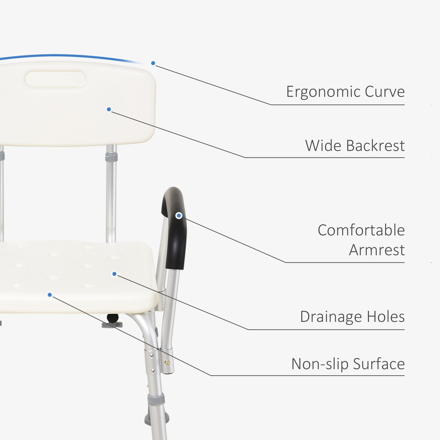 Shower Chair Adjustable Aluminum Removable Armrests Lightweight Portable 7 LB