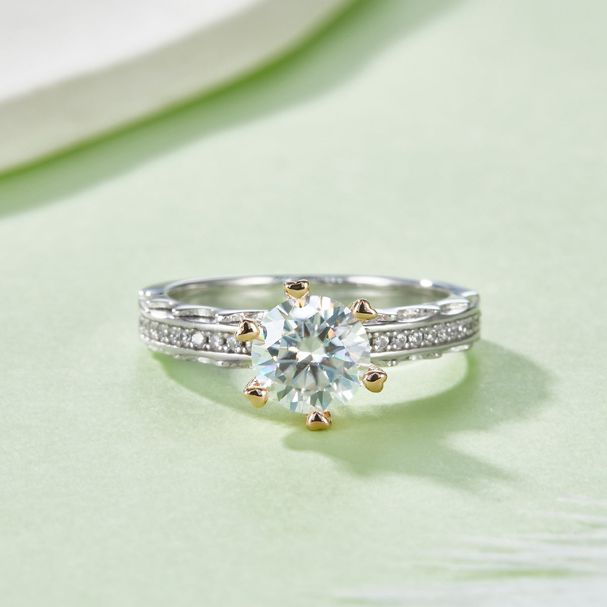 S925 Sterling Silver 1ct Moissanite Ring, 6.5mm Round Cut With Gold Heart Prongs, Pave Band, US Sizes 5-9, GRA Certificate Gift Box