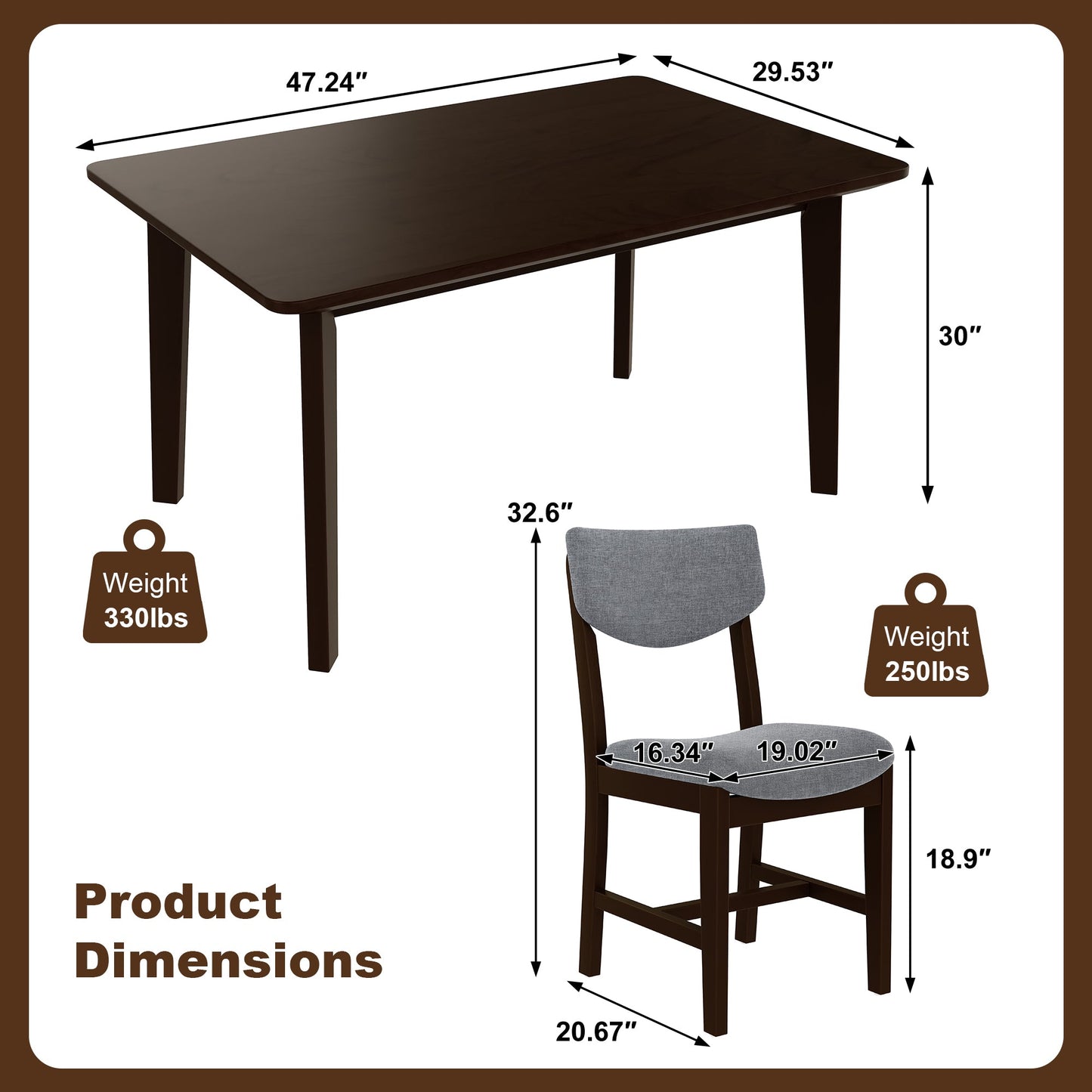 Rustic 5-Piece Dining Set - 1 Solid Wood Table + 4 Upholstered Chairs,
