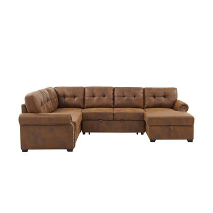 Sofa Bed U-Shape Faux Leather Brown Sleeper Storage Chaise 114 In