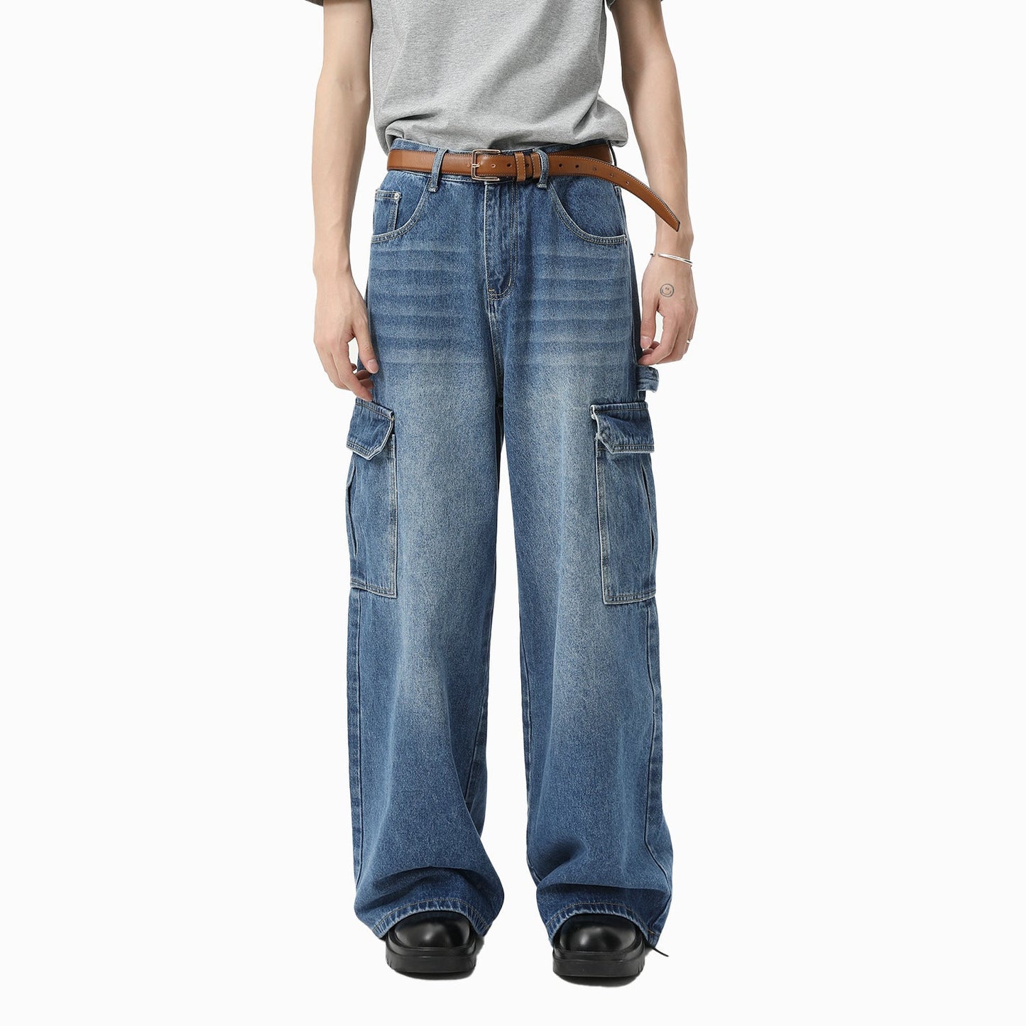 Bleached Wide-leg Multi-pocket Straight-leg Casual Work Pants