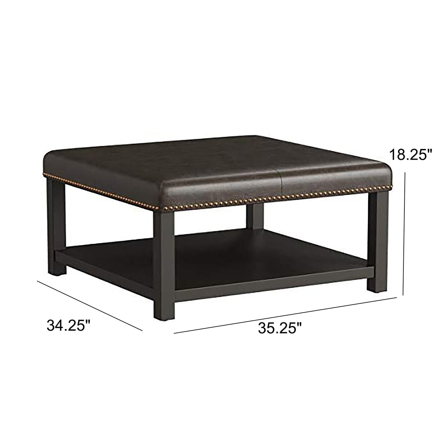 Large Square Ottoman Bench Faux Leather Coffee Table with Rack and Wood Legs