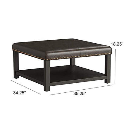 Large Square Ottoman Bench Faux Leather Coffee Table with Rack and Wood Legs
