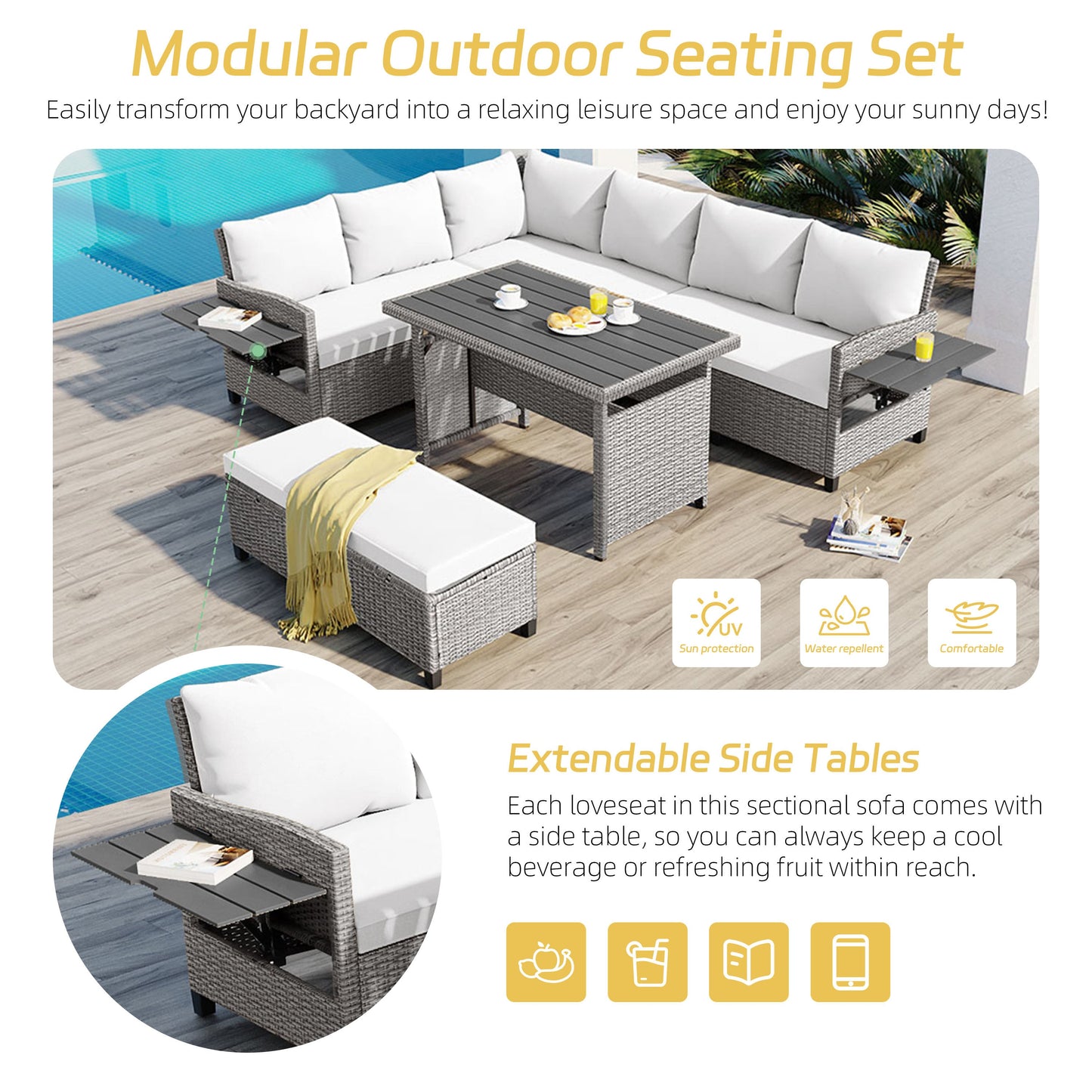 Outdoor Sectional Set PE Rattan Steel White 5 Piece Seats 7 Extendable