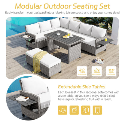 Outdoor Sectional Set PE Rattan Steel White 5 Piece Seats 7 Extendable