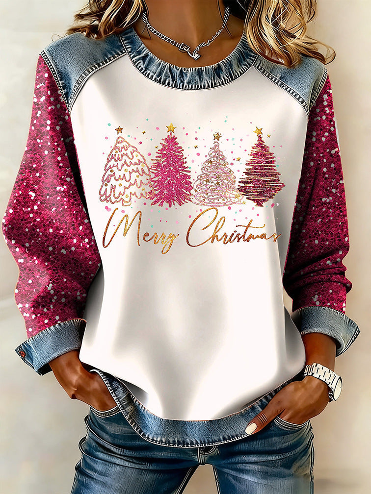Womens Casual Floral Denim Patchwork Hoodie Top