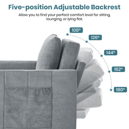 Upholstered Convertible Sleeper Sofa With 5 Position Backrest, Side Pockets, Storage