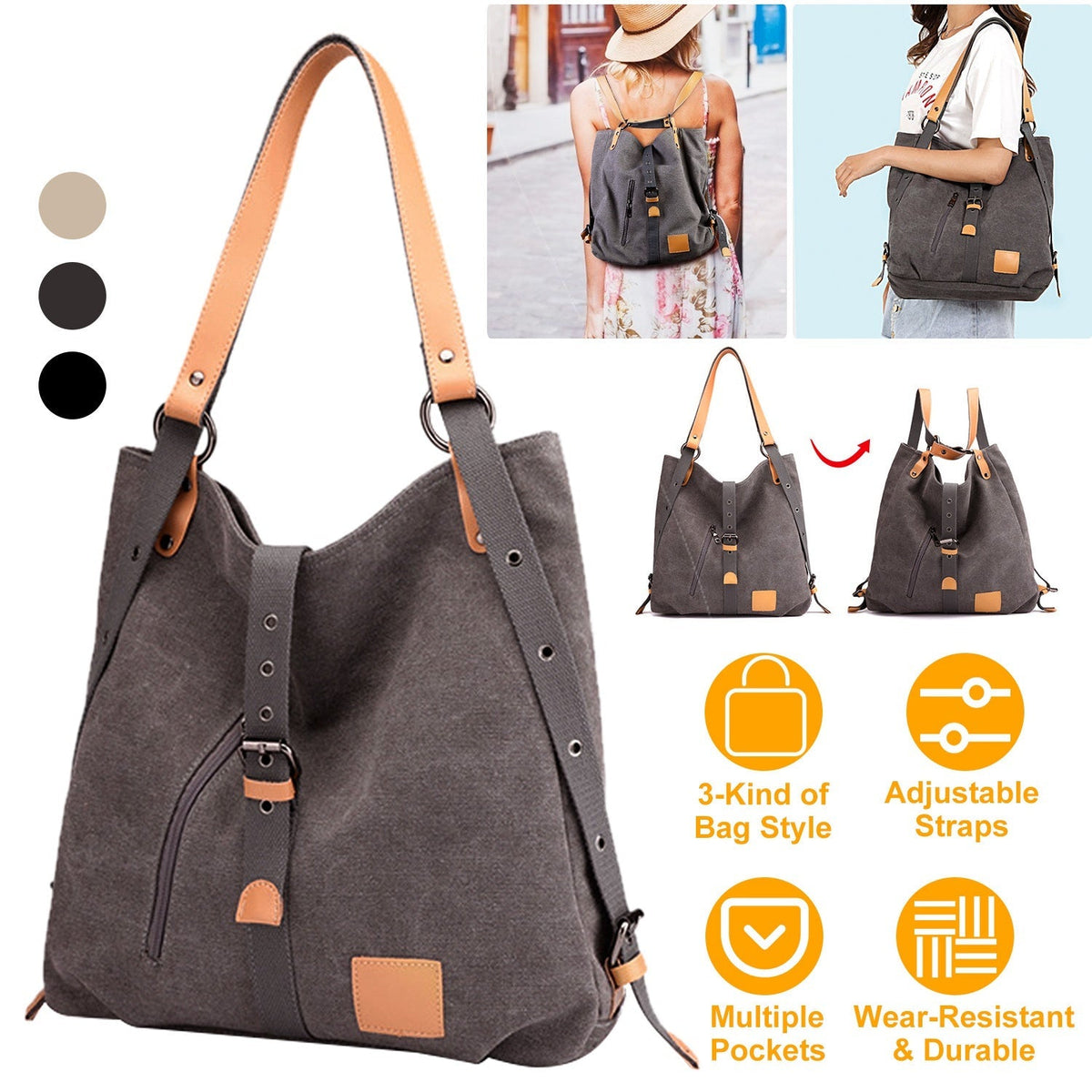 Women's Canvas Tote Bag Convertible Backpack Multiway Shoulder Carryall Purse