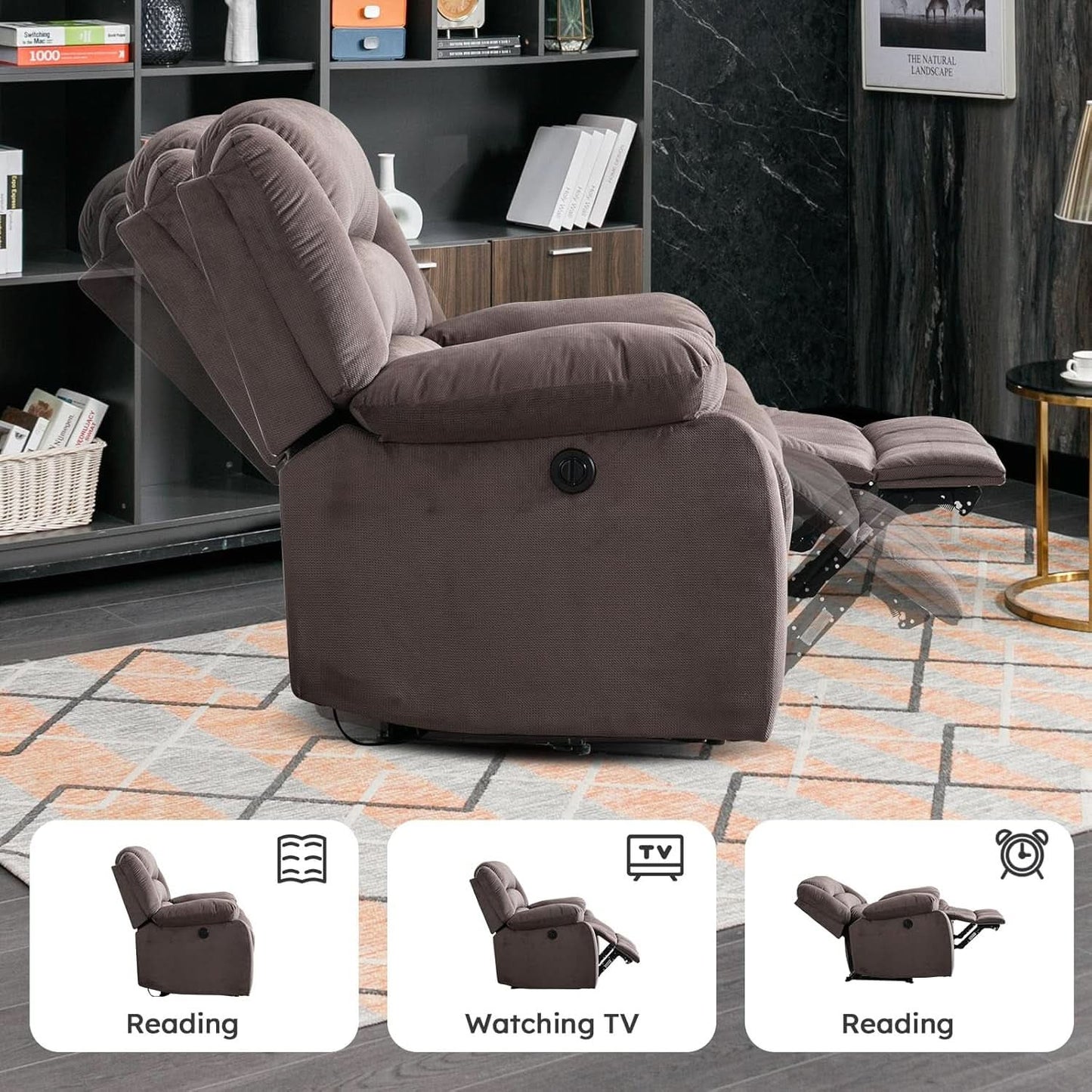 Brown Oversized Electric Recliner Chair With Plush Cushions
