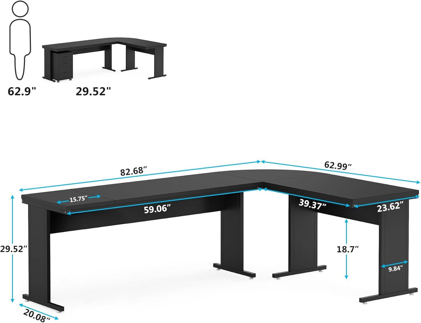 83 Inch L Shaped Executive Desk With 3 Drawer Cabinet