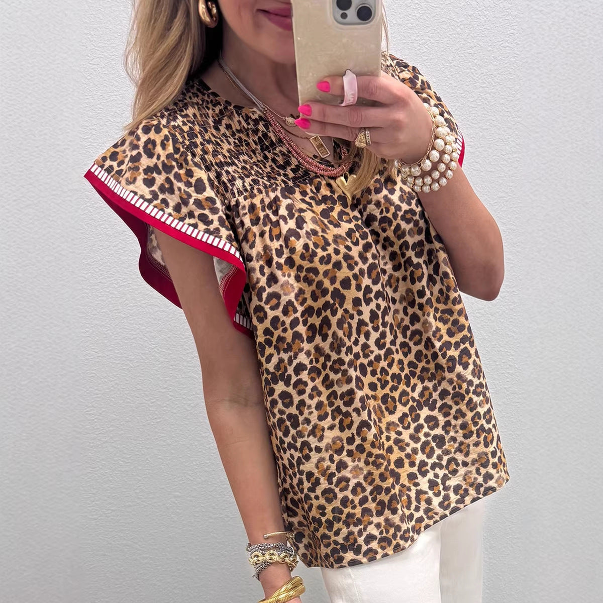 Womens Fashion Leopard-Print Ruffle-Trim Loose Chiffon Blouse
