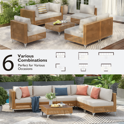 Outdoor Patio Sectional Set Rattan Metal Beige 7 Piece Tempered Glass