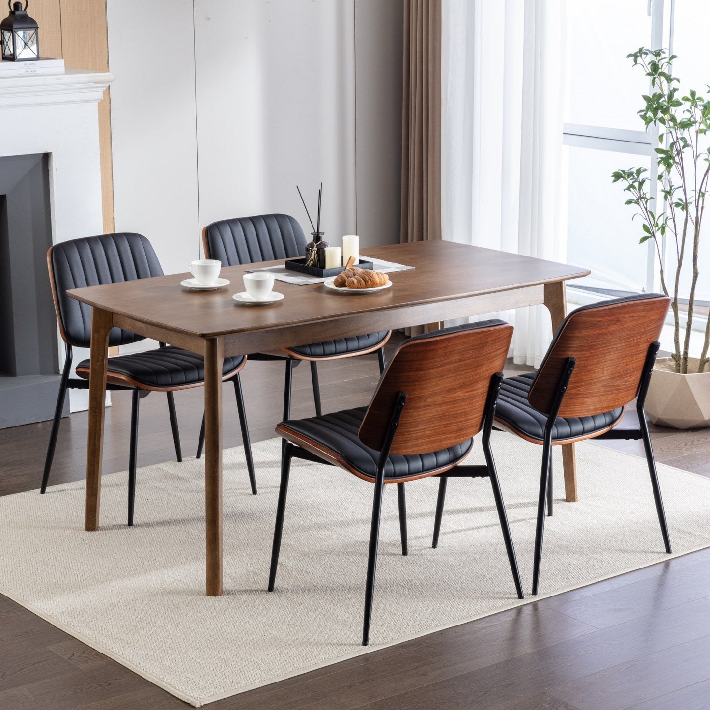Dining Chairs Set of 2 Mid Century Modern Retro Faux Leather Chair with Walnut