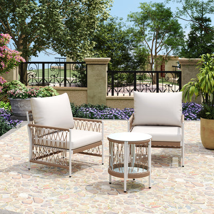 Outdoor Patio Set Bohemian Rope Steel Beige 3 Piece Glass Top Table