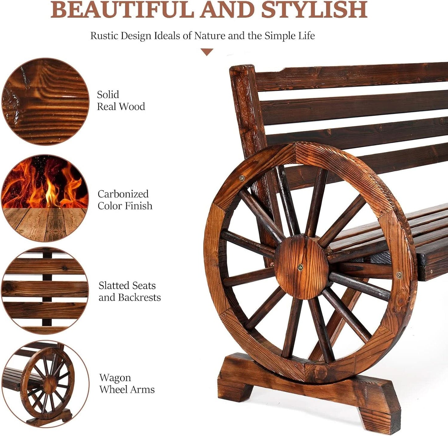 Rustic Wooden Garden Bench with Wagon Wheel Arms
