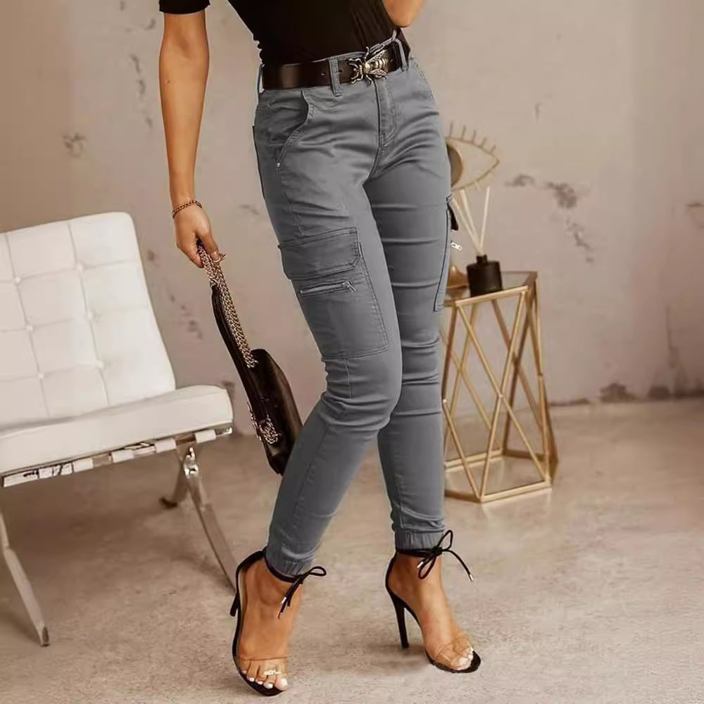 Ankle-length Low-rise Solid-color Cargo Pants With Pockets These Are Slim-fit Leggings