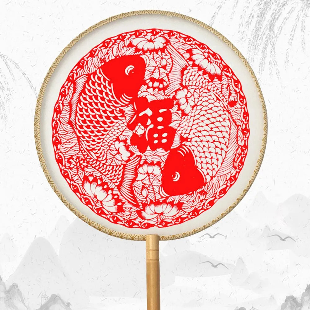 Chinese Paper-Cut Silk Round Hand Fan with Tassel