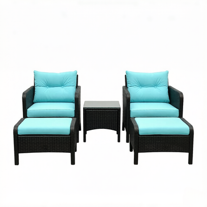 Outdoor Conversation Set PE Rattan Blue Brown 5 Piece 2 Chairs Footstools