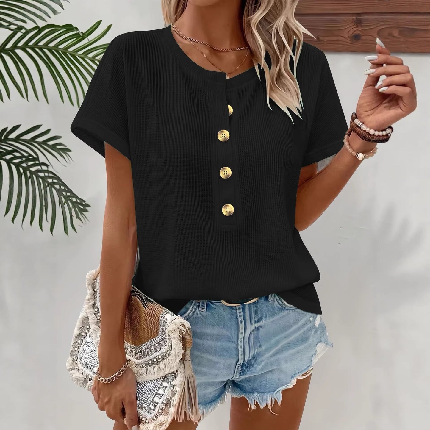 Buttoned Crew-neck Batwing-sleeve Loose-fit T-shirt Top