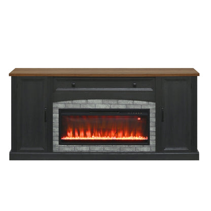 TV Stand Fireplace Black MDF Walnut Top Gray Brick 1400W Fits 70 In TV 66.9 In