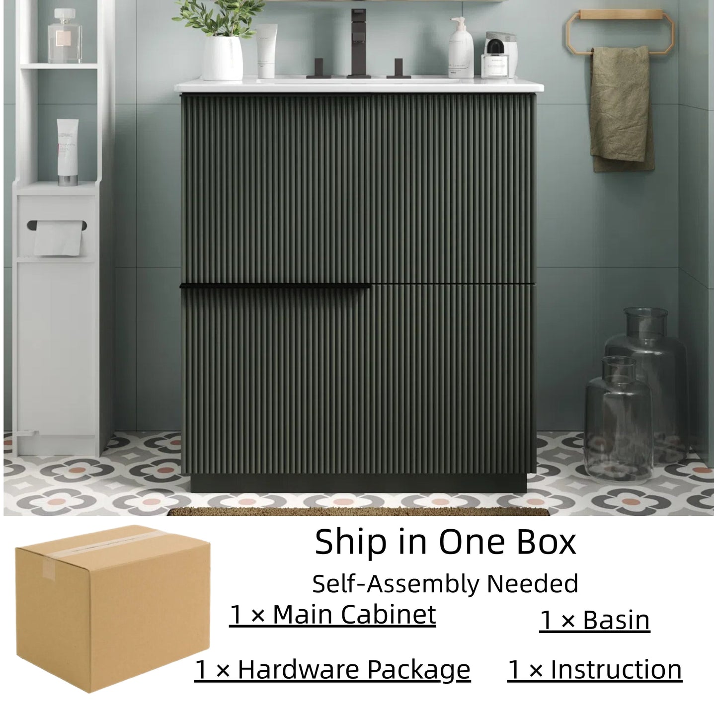 Green Fluted Bathroom Vanity with Ceramic Sink, 30' Full-Extension Drawers, S...