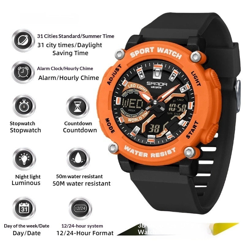 Students Dual-display Luminous Chronograph Watch For Hiking