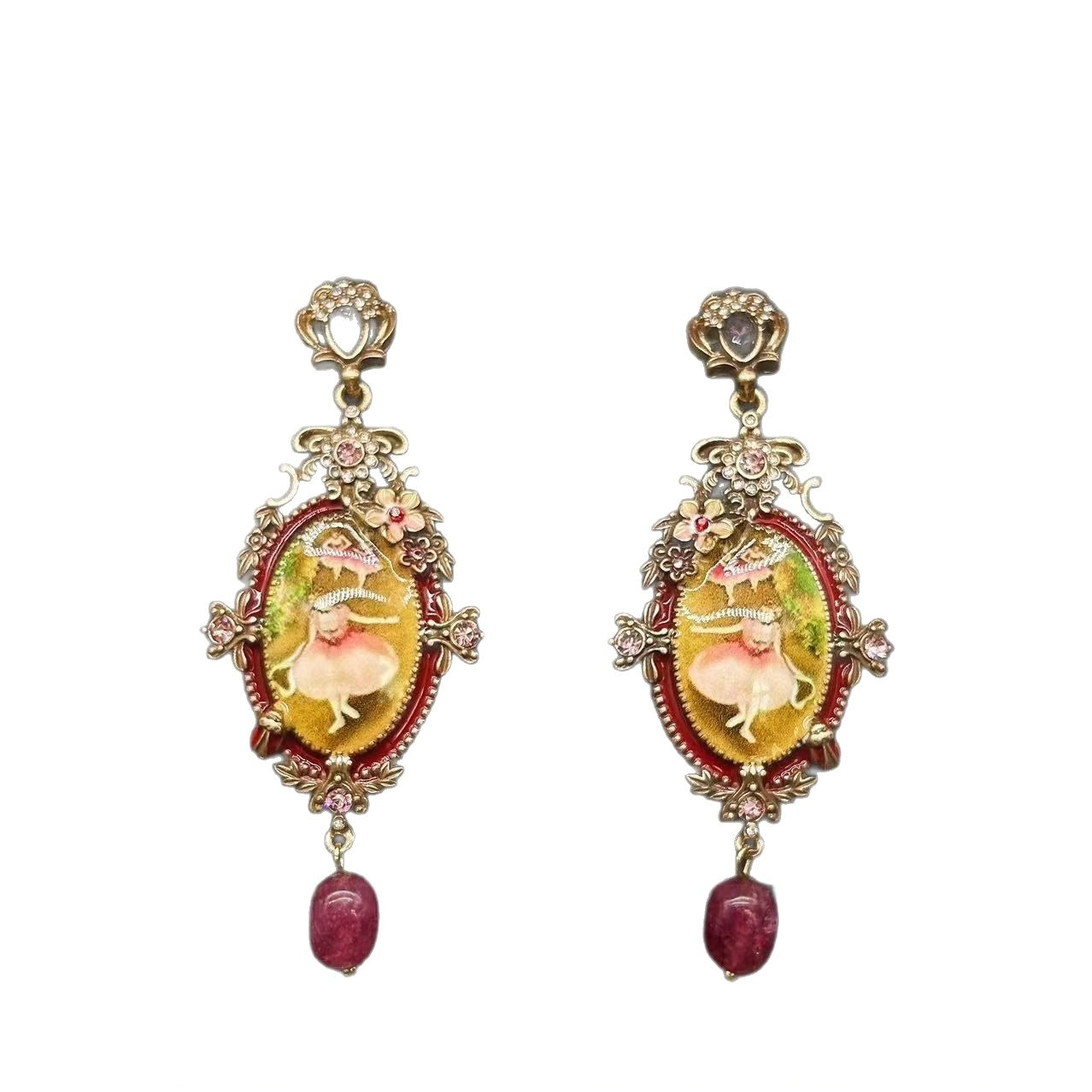Enamel Pattern Design Vintage Earrings With Diamond Inlay