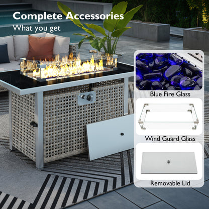 43 in Propane Gas Fire Pit Table 60,000 BTU Rectangular Open Weave Wicker, Grey