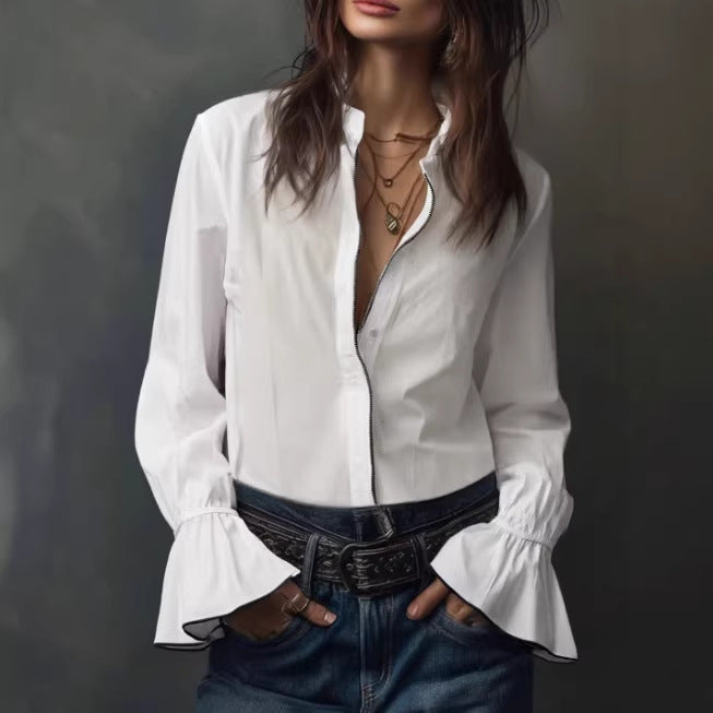 Womens Long-sleeve Zip-up Crew-neck Blouse